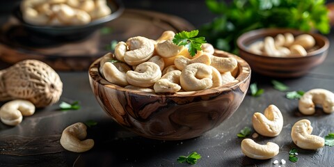Fototapeta premium Exploring the Diverse Flavors, Health Benefits, and Culinary Versatility of New Cashew Varieties. Concept Cashew Varieties, Culinary Versatility, Health Benefits, Diverse Flavors, Nutritional Value