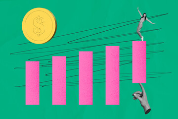 Creative business concept image collage of young businesswoman falling down increase sales stats...