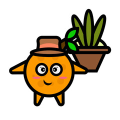The farmer's orange mascot carries a pot containing a plant
