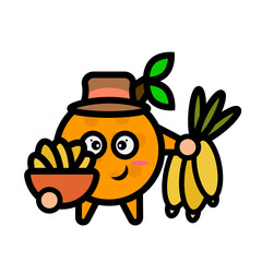 orange farmer mascot carrying bananas