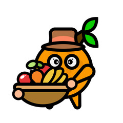 orange farmer mascot carrying fruit basket