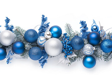Christmas decoration with blue baubles on white background