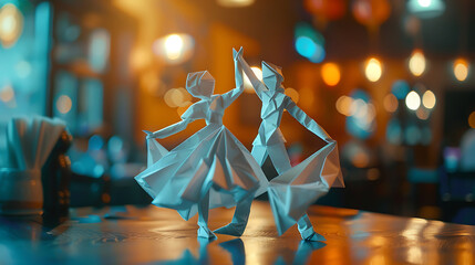 Origami couple man and woman dancing Hip Hop on the middle of the table in a restaurant, blur rear. Generative AI illustration 