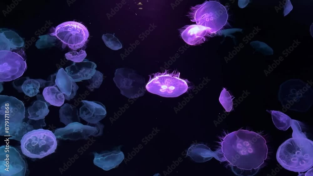 Poster mesmerizing jellyfish gently float in the dark waters, glowing softly in the dim light