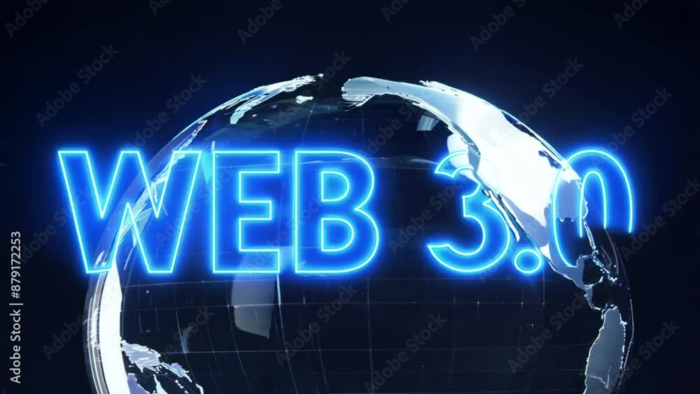 Poster glowing transparent globe rotating with the web 3.0 logo - symbolizing future of internet, metaverse