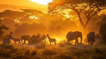 A herd of elephants and zebras are walking through a grassy field