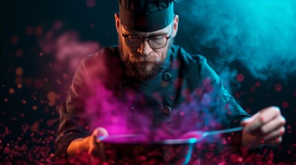 A chef in a black chef's hat uses a magic wand to conjure glowing food