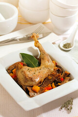 Roasted chicken with mushrooms.