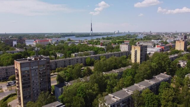 Ryga TV tower from Kengarags district, aerial drone view