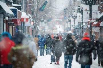 Obraz premium Crowd of people walking through an urban shopping district on a snowy winter day, motion blur