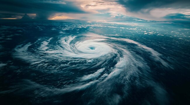 aerial view of the earths oceans during a huge storm. A large typhoon or a hurricane of the highest rank with clear eyes.