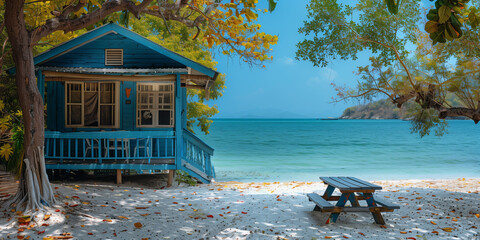 little beach house on the white sand of tropical island , with blue wooden picnic tables and chairs placed outside, perfect for wallpaper