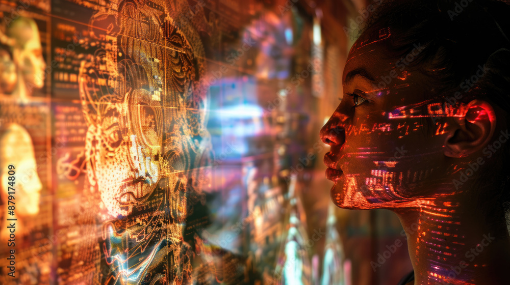 Poster a person stands in front of a wall lit up with a digital projection of code