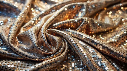 Luxurious metallic fabric with intricate sequins shimmering on a radiant silver background, evoking glamour and sophistication for a celebratory occasion.