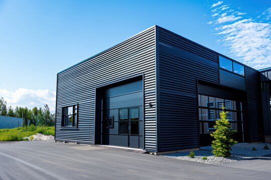 exterior of a modern warehouse with a small office unit
