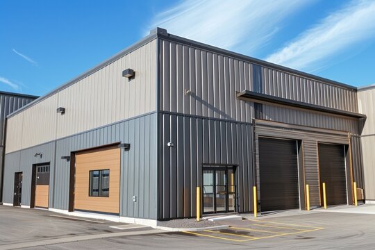 exterior of a modern warehouse with a small office unit