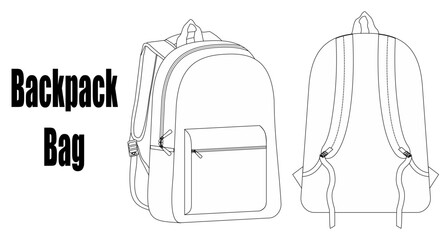 Set of Backpack bag flat sketch fashion illustration drawing template mock up, Backpack cad drawing.