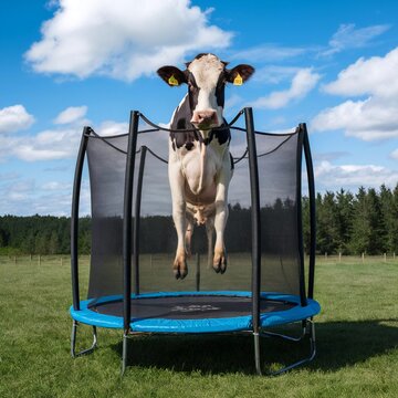 A cow jumping on a trampoline