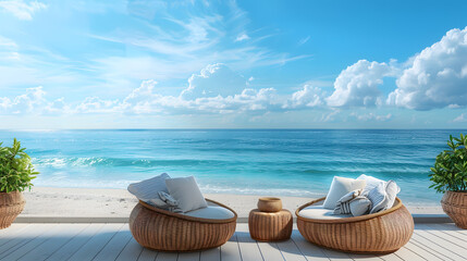 Obraz premium Beach lounge with sundeck on Sea view for vacation summer and blue sky background-3d rendering