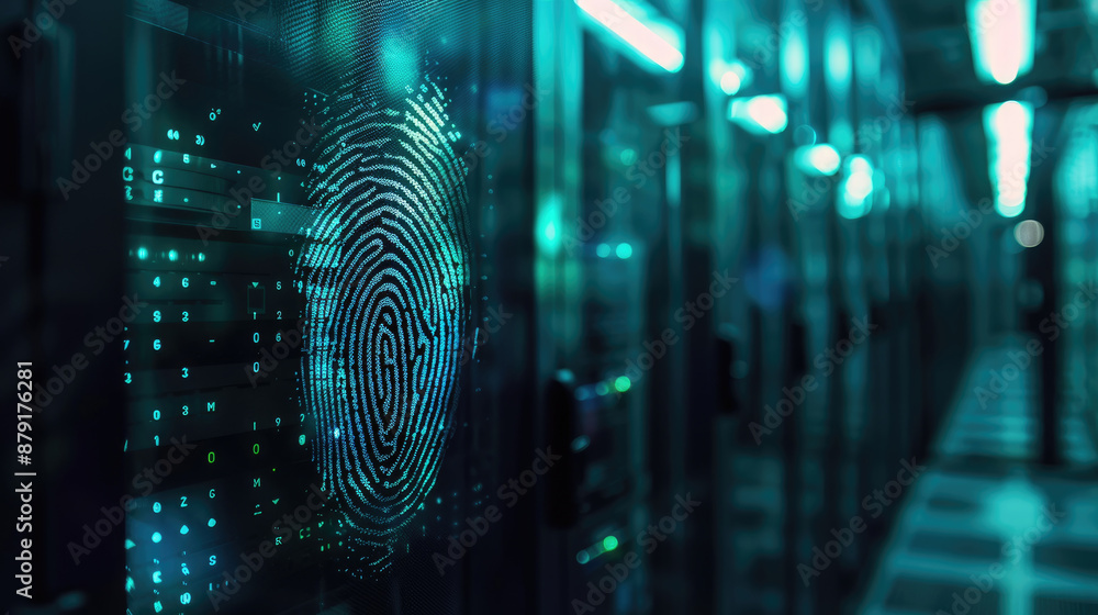 Poster a glowing digital fingerprint is projected on a server rack in a modern data center