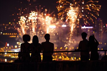 Group of people on roof top building and firework display festival in background, silhouette light