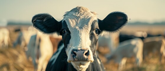 Close-up of a curious cow in a sunny pasture with a herd in the background, showcasing rural agriculture and outdoor life.