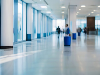 Light Blue Blurred Background of a Spacious Office Hallway. Generative Ai