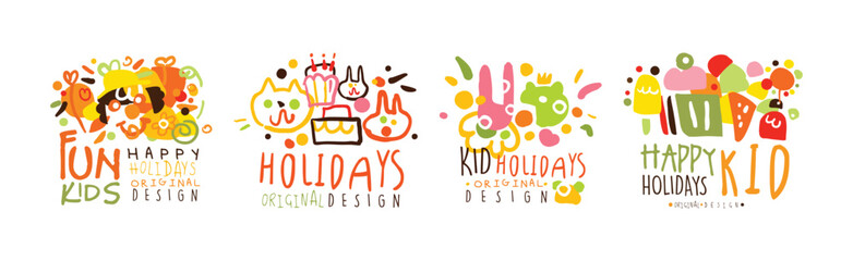 Happy Kids Party Logo Original Bright Design Vector Set