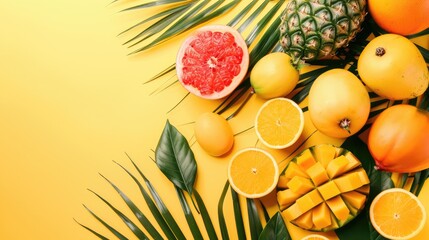 Tropical fruits palm branch yellow background Space for text Relaxing vacation flat lay