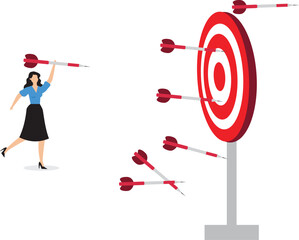 Practice develop success, effort to improve and achieve target, mistake, failure and discipline to keep practice and reach goal concept, businesswoman practicing archery with mistakes until success