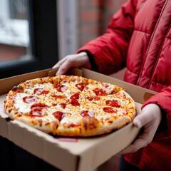 A pizza delivery person handing a box of cheese pizza to a customer at the door By Generated AI