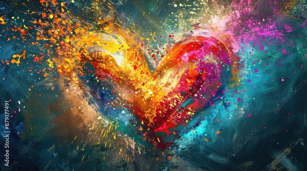 Poster a colorful heart-shaped abstract art piece with vibrant splashes of paint creating a dynamic and exp