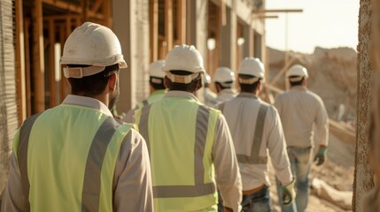 Fototapeta premium Construction workers in safety gear walking on a building site, focusing on teamwork and workplace safety.