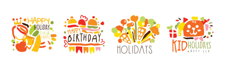 Happy Kids Party Logo Original Bright Design Vector Set