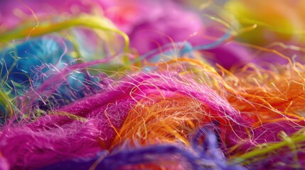 Fototapeta premium A close-up of vibrant, multicolored yarn fibers in various shades, creating a lively and textured visual effect.