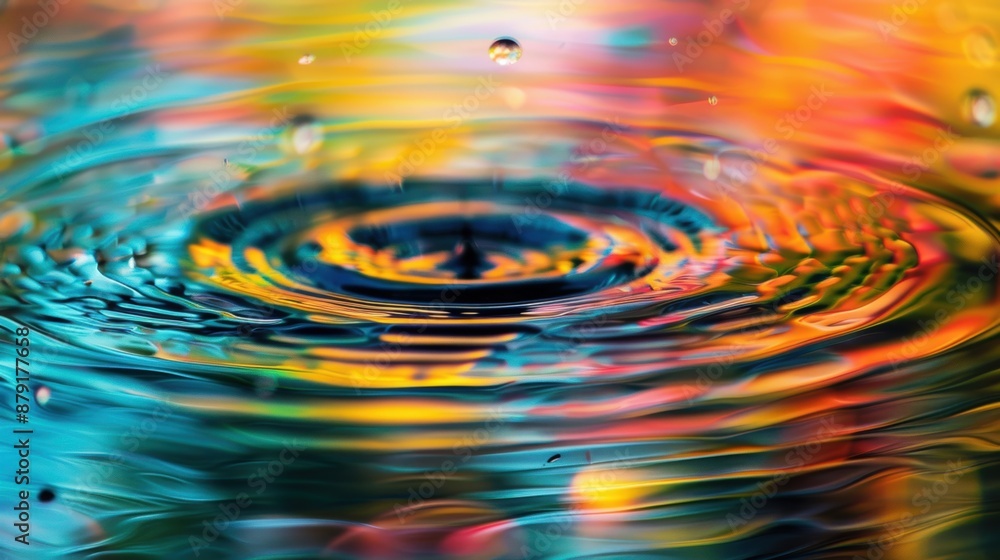 Poster a vibrant water ripple effect with a single drop, creating a mesmerizing pattern of colors and refle