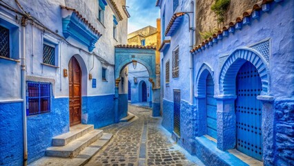 Serene ancient Medina streets, lined with blue-painted buildings, meander through Chefchaouen's historic Moroccan village, evoking mystique and forgotten tales.