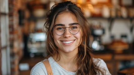 A young woman with glasses smiling warmly in a cozy cafe, capturing a moment of happiness and comfort.