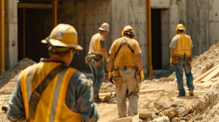 Construction workers on a building site, wearing safety gear and helmets, working diligently under the sun on a new project.