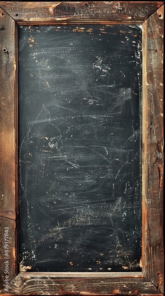 Poster empty blackboard with traces of chalk showing its age, framed by a weathered wooden structure, creat