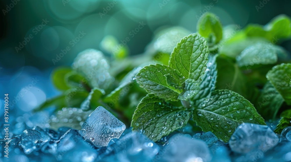 Aufkleber close-up of fresh mint leaves covered in dew with ice cubes, creating a refreshing and cool visual e