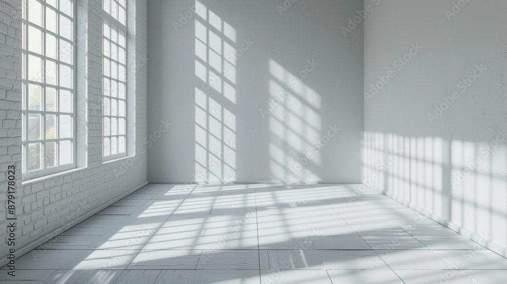 Poster a bright, empty room with large windows casting geometric shadows on white walls and floor, creating