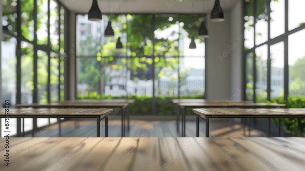 Poster a modern classroom filled with natural light and greenery, featuring large windows and wooden desks,