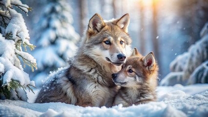 Obraz premium Adorable grey wolf puppy receives warm hug from hesitant, mitten-clad hand amidst serene, snow-covered winter wonderland backdrop.