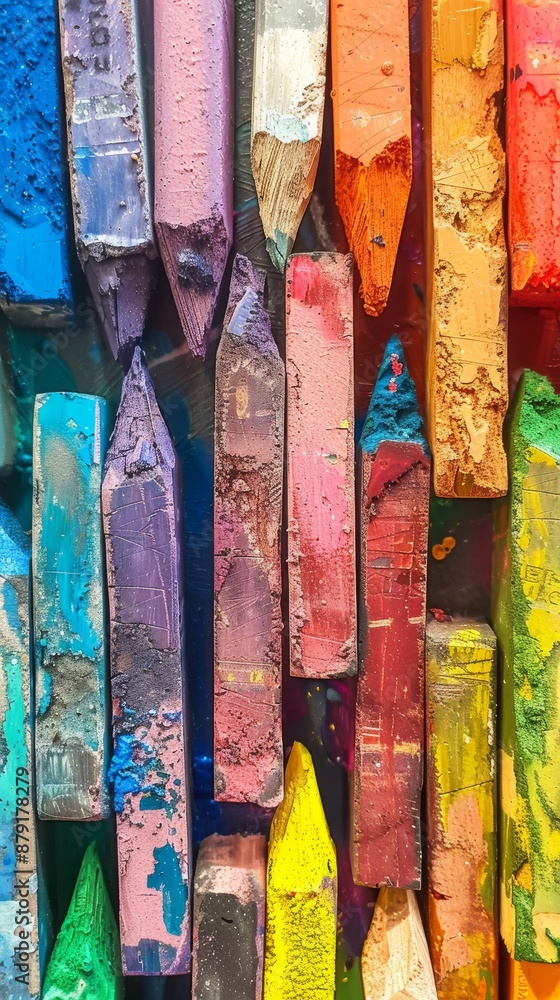 Poster close-up of colorful chalk sticks arranged randomly, creating a vibrant and textured background. the