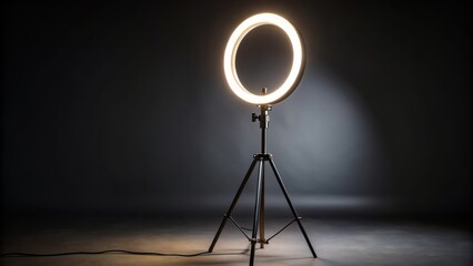 Illuminated circular light ring with sleek tripod stand, suspended in darkness, epitomizing modern studio lighting concept and cutting-edge technology.