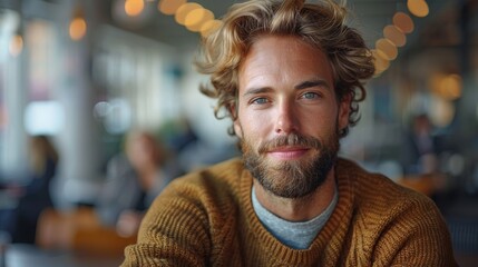 Obraz premium Young, attractive male with blue eyes and blonde hair is sitting in a cafe, enjoying the atmosphere and looking at ease