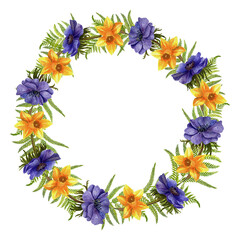 Wreath from anemones and daffodils. Watercolor frame botanical hand drawn illustration.