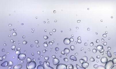 Underwater fizzy bubbles background. Vector realistic illustration of air fizz effect in transparent clear water, sparkling soda drink, effervescent liquid splash, deep aqua droplets pattern design