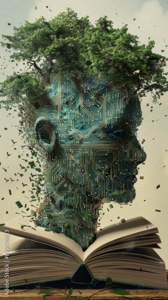 Poster surreal image showing a human face merging with nature growing from an open book, symbolizing the po